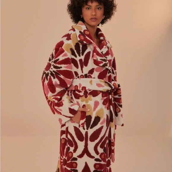 FARM Rio Ainika Flowers Fleece Coat Floral Textured - Red and Pink - Picture 3 of 10